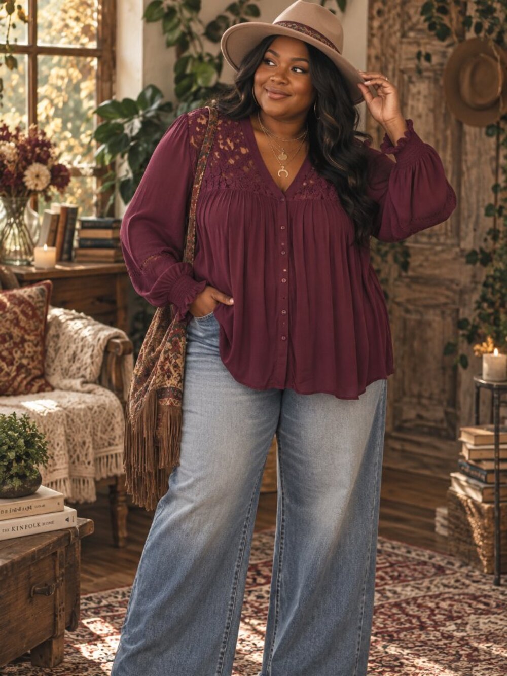 Knox Rose Burgundy Lace Boho Peasant Blouse